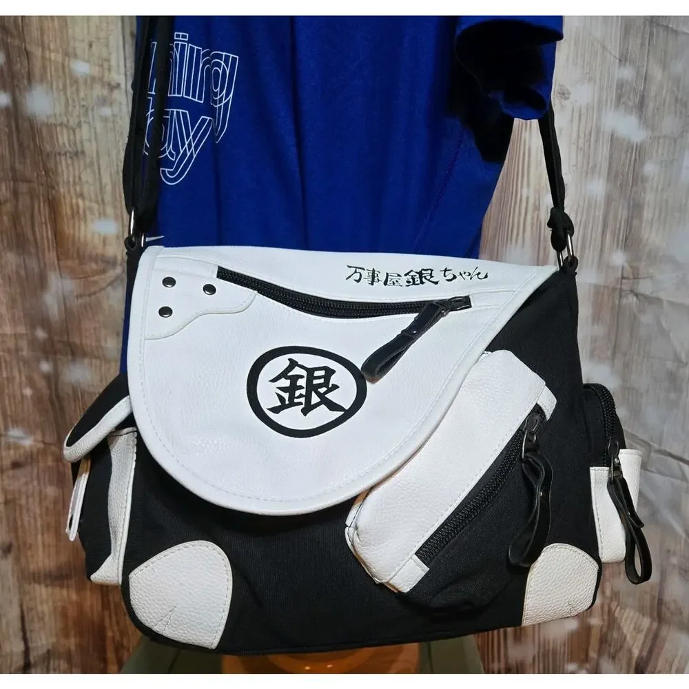 Yorozuya Gin-chan(Gin-Silver)Messenger bag white/ black Faux leather and Canvas